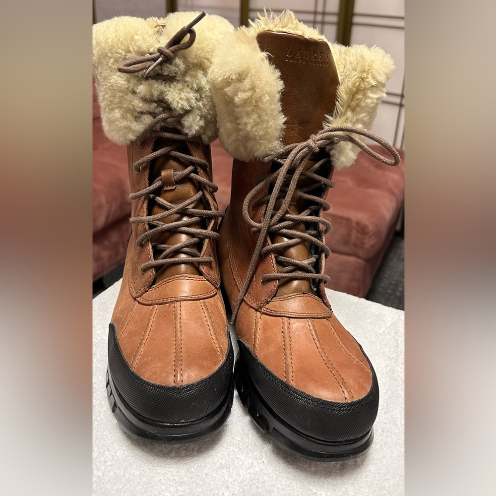 Lauren Ralph Lauren Quinta Boots Women Size US 9.5 Leather Fur Trim Brown